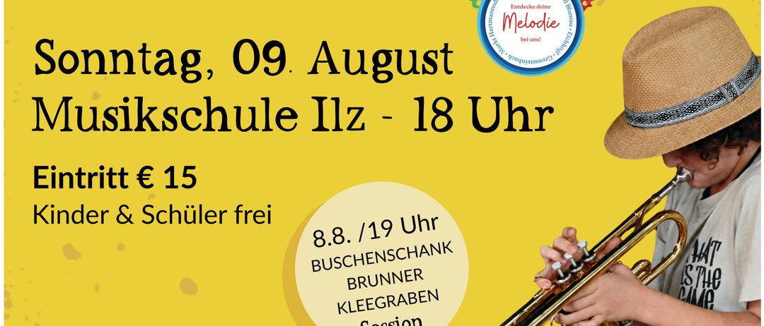 Plakat für ein Workshop und Abschlusskonzert für traditionellen Jazz am 9. August um 18 Uhr an der Musikschule Illz. Der Eintritt beträgt 15 Euro, Kinder und Schüler sind frei. Tickets sind erhältlich im Kaufhaus Baronigg.