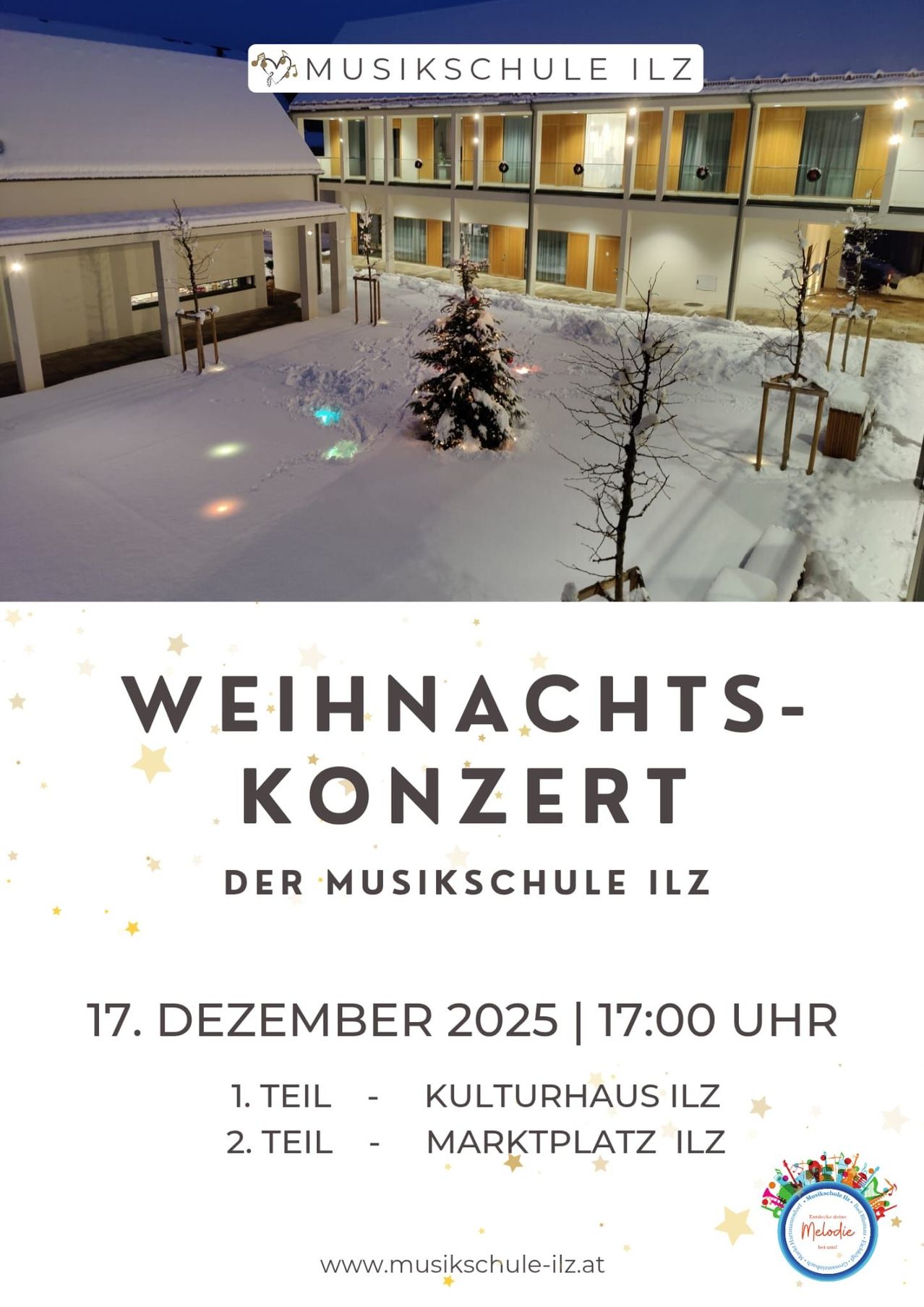 A poster for a Christmas concert by the music school ILZ. It is on December 17, 2025 at 5:00 PM. The event is at the Kulturhaus ILZ.