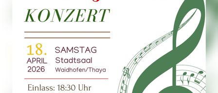 Plakat für das Frühjahrskonzert des Jugendblasorchesters der Albert Reiter Musikschule. Datum: Samstag, 18. April 2026. Ort: Stadtsaal, Waidhofen/Thaya. Eintritt: Frei. Beginn: 18:30 Uhr, Konzertstart: 19:00 Uhr.