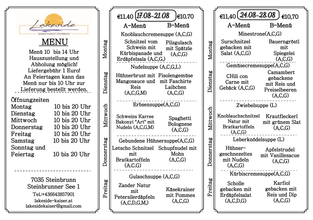 A menu board for a restaurant with various meal options and prices listed for different days. The menu includes dishes like 'Knoblauchcremesuppe' and 'Minestrone', with prices and dietary information.