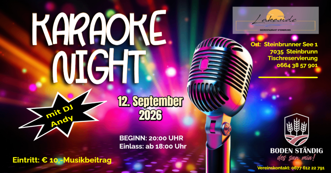 Poster for Karaoke Night on September 12, 2026, starting at 20:00, with entry from 18:00. A microphone is shown on a colorful background.