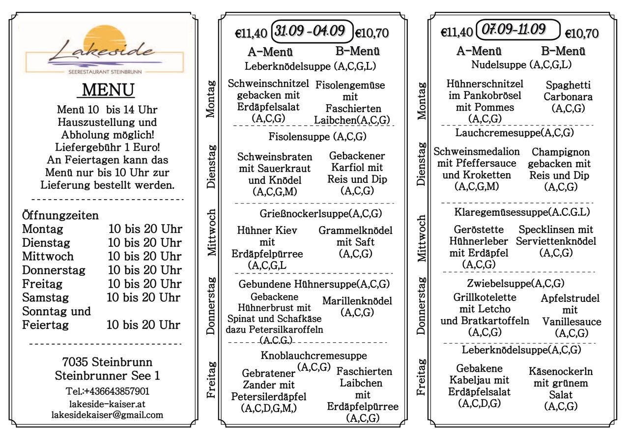 A restaurant menu with various meal options and prices, including pork, chicken, and fish dishes, along with dessert options and contact information.