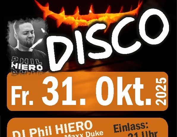 Plakat für Disco-Event bei SV 1962 mit einem leuchtenden Kürbis und DJ Phil Hiero. Veranstaltung am Freitag, 31. Oktober 2025, Beginn um 21:21. Barcardi Cola kostet 2 Euro.