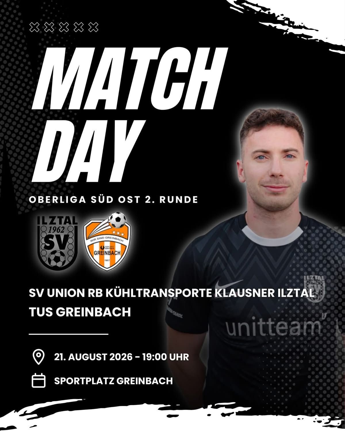 Plakat für einen Fußball-Matchday-Event mit einem Mann in einem schwarzen Trikot, Datum und Standortdetails.
