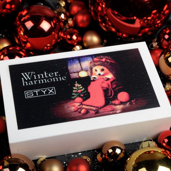 Eine weiße Schachtel mit einem roten Igel neben einem Weihnachtsbaum und dem Markennamen Styx. Der Hintergrund ist mit roten und goldenen Weihnachtskugeln geschmückt.