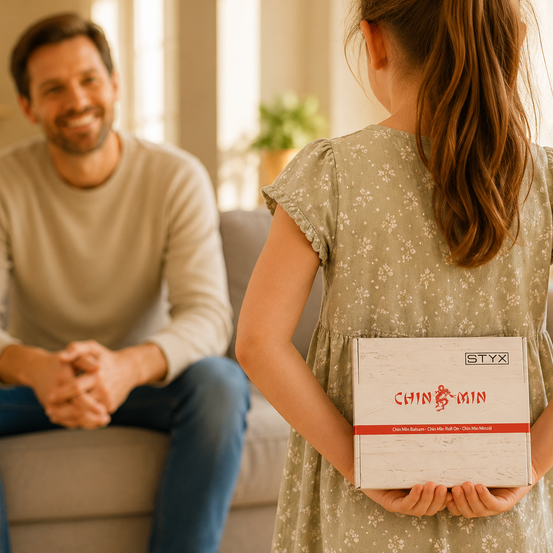 Ein Mann und ein junges Mädchen sitzen gemeinsam auf einer Couch. Das Mädchen hält eine Box mit dem Text 'Chin Min'. Sie befinden sich wahrscheinlich in einem Wohnzimmer.
