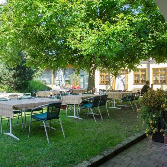 Ein Outdoor-Cafébereich mit Tischen und Stühlen unter einem großen Baum, umgeben von grünem Gras. In der Nähe befinden sich Topfpflanzen und Blumen. Eine Person sitzt auf einer Bank in der Nähe des Gebäudes.