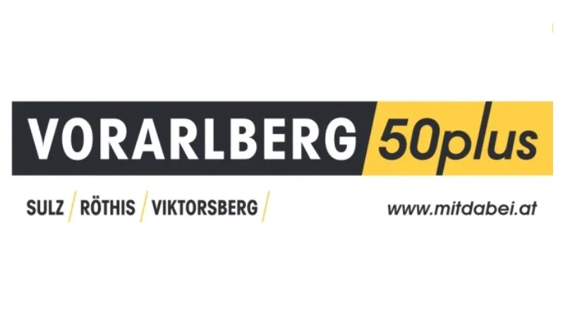 Ein Werbelogo für 'Vorarlberg 50plus' mit den Orten Sulz, Rothis und Viktorsberg und der Website www.mitdabei.at.