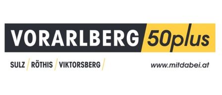 Das Logo für Vorarlberg 50plus, mit einem schwarzen und gelben Farbschema, dem Text 'Vorarlberg 50plus' und einer Website-Adresse 'www.mitdabei.at'.