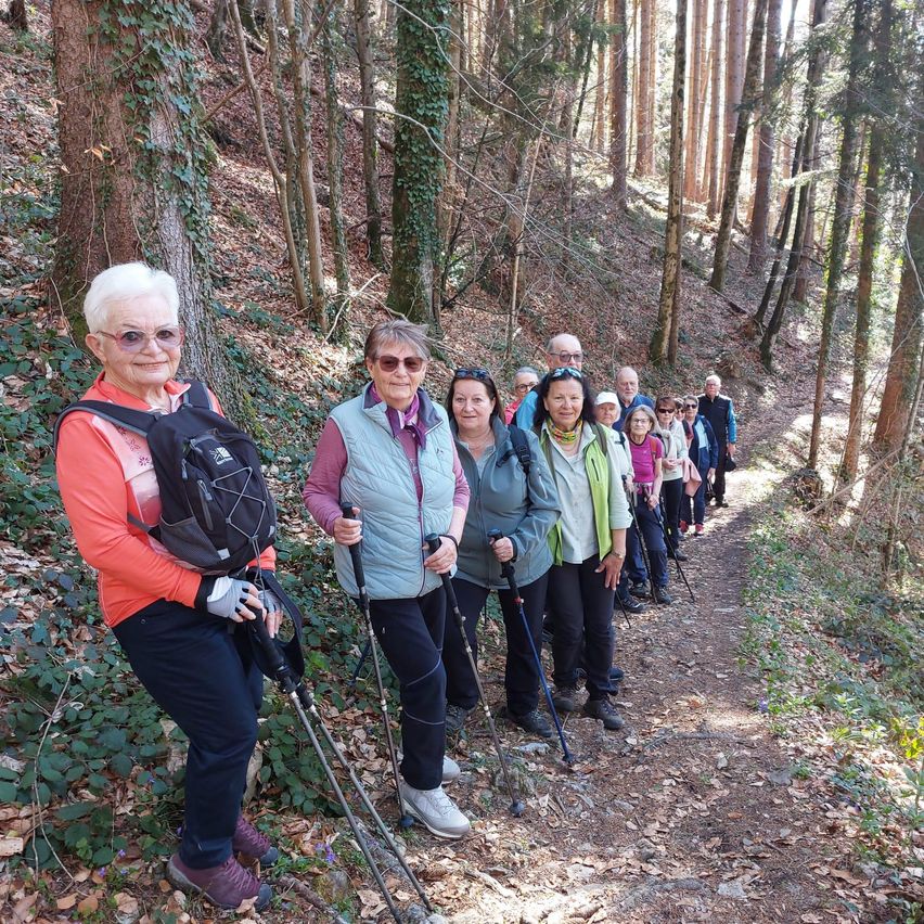 A group of hikers, including older women, pose for a photo in a forest path. They are all wearing hiking gear and smiling.