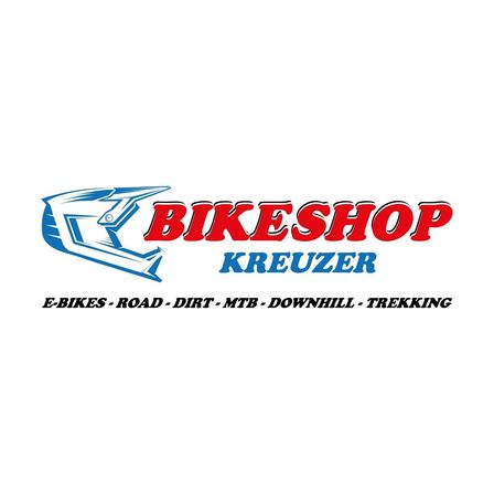 Das Bikeshop Kreuzer Logo zeigt ein blau-weißes Design mit dem Text Bikeshop Kreuzer und einer Liste von Fahrradtypen.