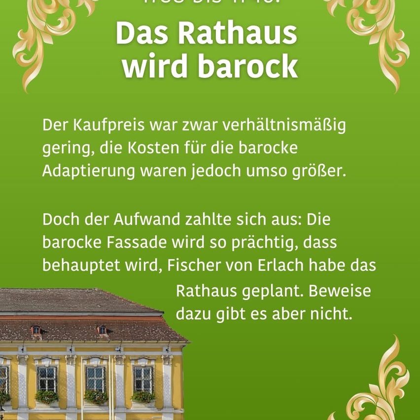 Ein Plakat zeigt ein gelbes Gebäude mit barocker Fassade, einem grünen Hintergrund und Text in deutscher Sprache über die barocke Anpassung des Gebäudes.