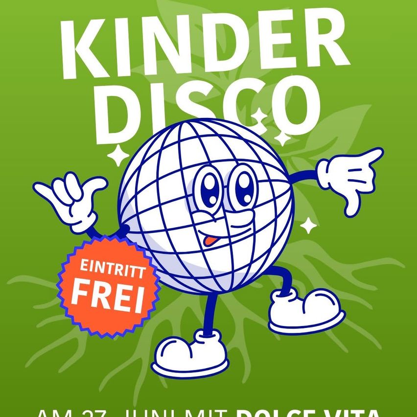 Ein Plakat für Kinder Disco. Eine Globus-Figur mit einem roten Aufkleber mit der Aufschrift Eintritt Frei. Das Datum und die Uhrzeit der Veranstaltung werden ebenfalls angezeigt.