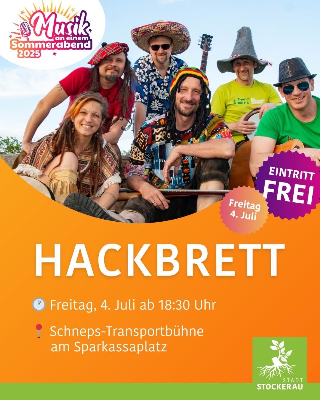 Plakat für eine Veranstaltung mit freiem Eintritt mit Hackbrett am Freitag, 4. Juli, ab 18:30 Uhr. Die Veranstaltung findet am Schneps-Transportbühne am Sparkassenplatz statt.