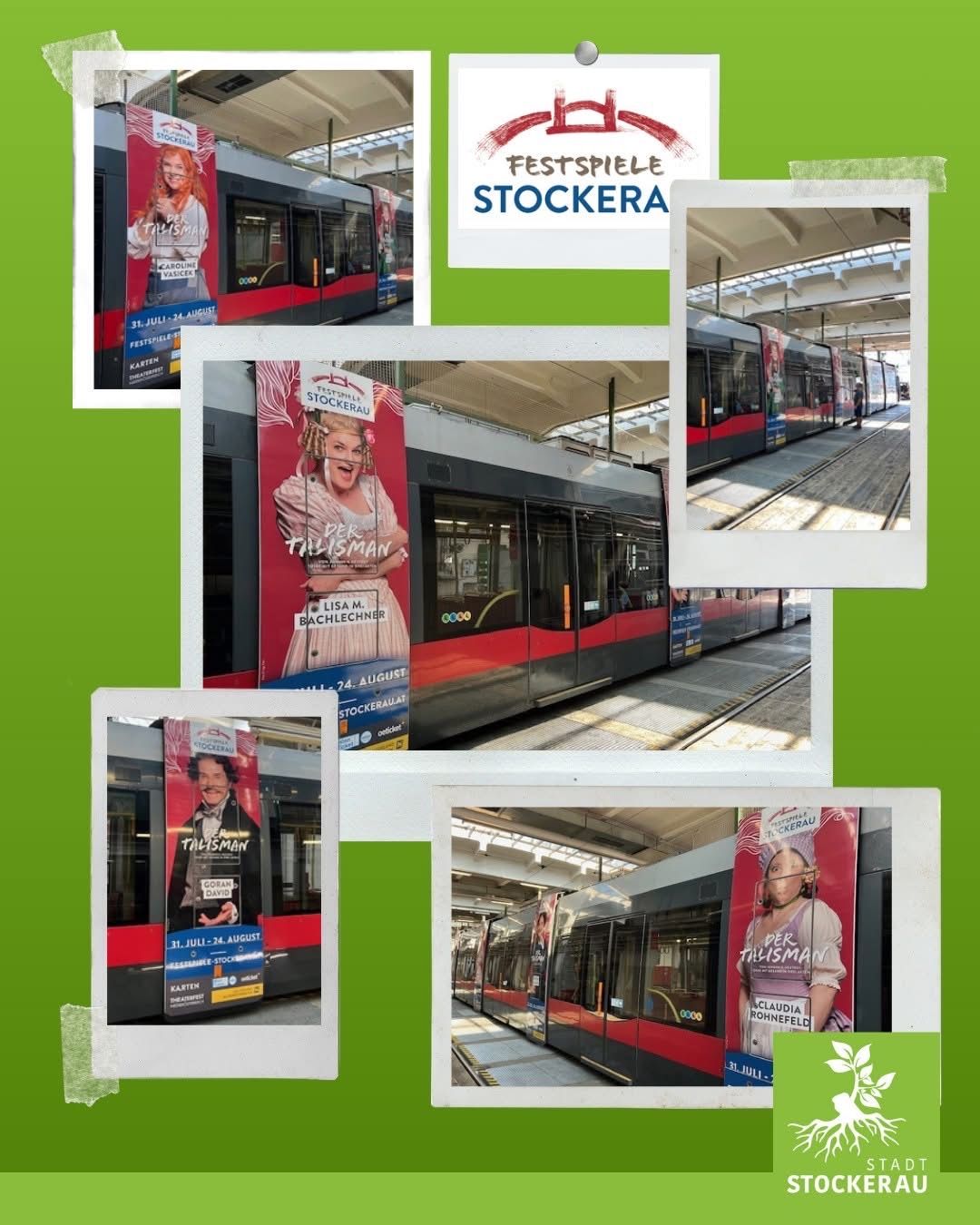 Eine Collage von Bildern mit einer Straßenbahn und verschiedenen Werbungen. Das obere linke Bild zeigt eine Frau in einem weißen Kleid, während das obere rechte Bild eine Straßenbahn auf den Gleisen zeigt. Das untere linke zeigt einen Mann in einem Anzug und das untere rechte eine Frau in einem roten Kleid.
