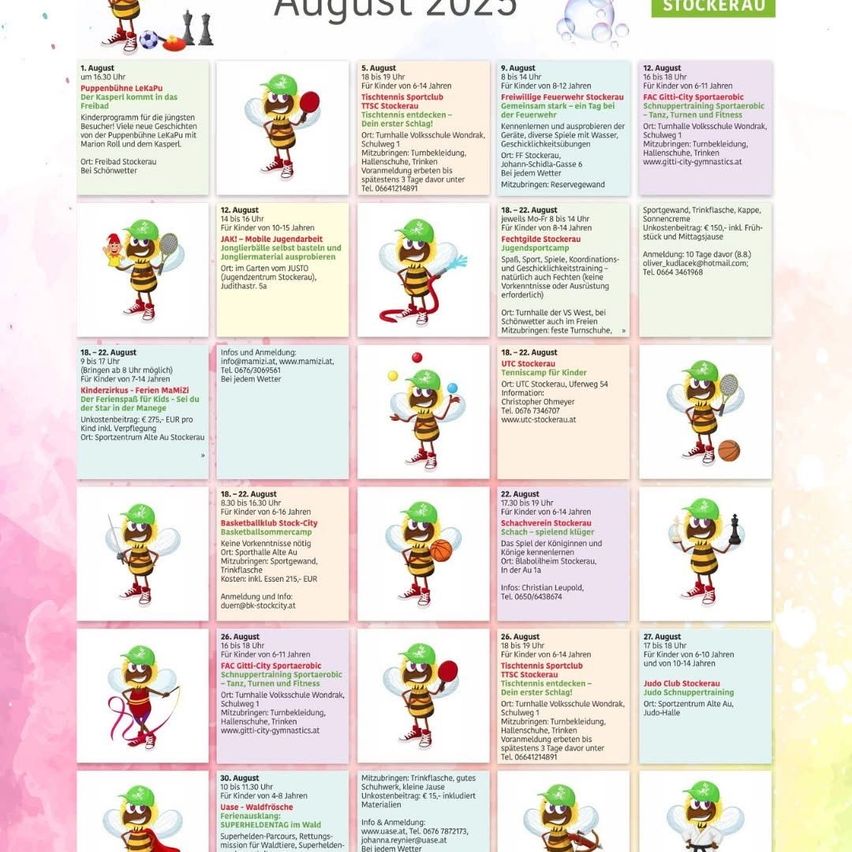 August 2025 Kalender mit Aktivitäten. Die Aktivitäten sind nach Altersgruppen unterteilt und umfassen Veranstaltungen wie Tischtennis, Basketball, Turnen und Sportaktivitäten. Der Kalender enthält auch Informationen zum Anmeldeprozess.