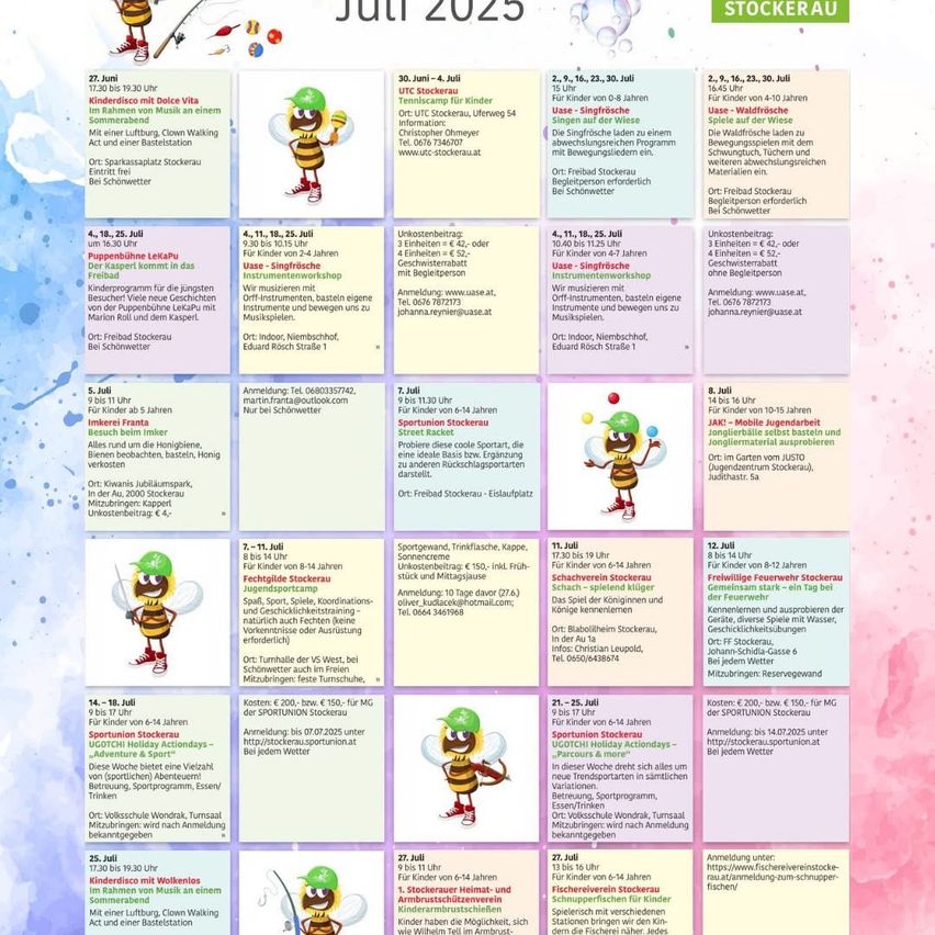 Ein Flyer für Juli 2025 mit Aktivitäten für Kinder und Familien. Veranstaltungen umfassen Puppentheater, Instrumentenworkshops und Sportaktivitäten. Der Flyer hat einen rosa Hintergrund mit Bienenillustrationen und enthält Telefonnummern für die Kontaktaufnahme.