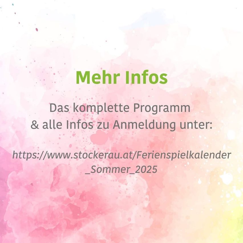 Ein farbenfrohes Bild mit dem Text 'Mehr Infos' in grüner Schrift, 'Das komplette Programm & alle Infos zu Anmeldung' darunter und einer URL unten.