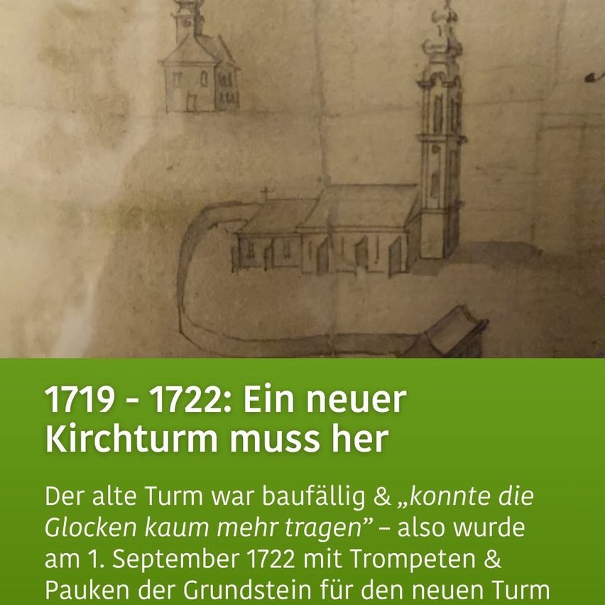 Eine alte Zeichnung eines Kirchenturms zeigt einen baufälligen Turm. Der Text vermerkt, dass der Turm unbrauchbar war und die Kirchenglocken nicht geläutet werden konnten. Am 1. September 1722 wurde der Grundstein für den neuen Turm gelegt.