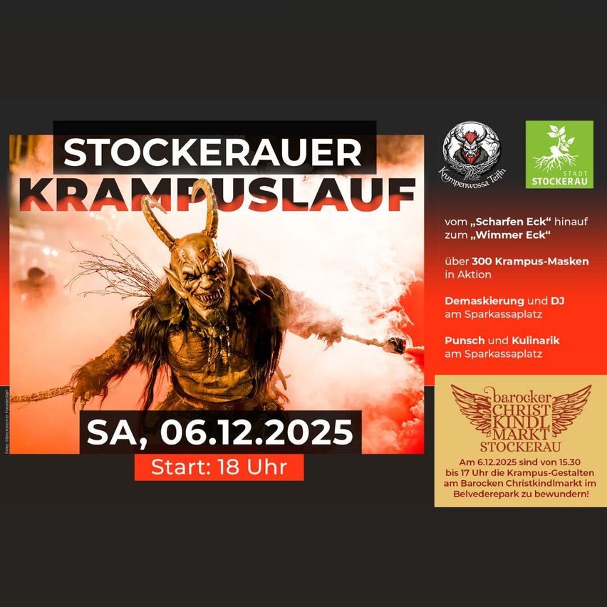 Werbeplakat für das Stockerauer Krampuslauf-Event am 6. Dezember 2025. Es zeigt einen Krampus-Charakter mit Hörnern, einem bedrohlichen Gesichtsausdruck und Feuereffekten. Die Veranstaltung beginnt um 18:00 Uhr und umfasst über 300 Krampus-Masken, einen DJ und Glühwein.