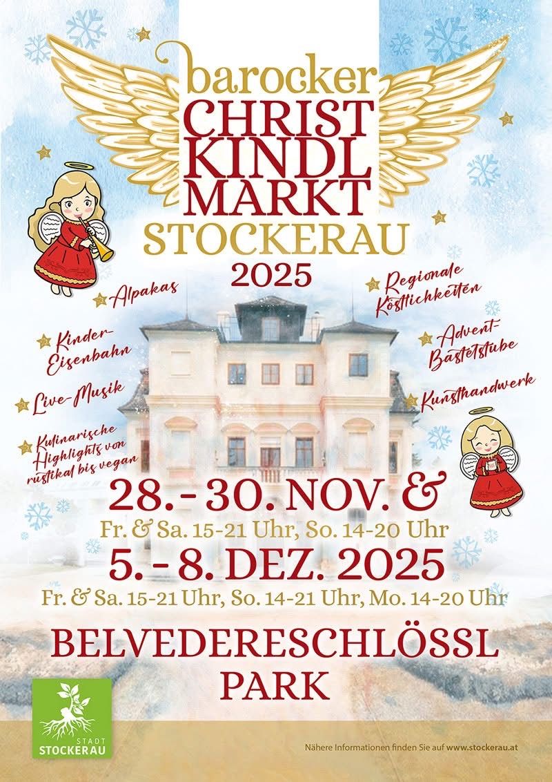 Plakat für Christ Kindl Markt in Stockerau 2025, mit einem Haus, Kindern und festlichen Elementen. Termine sind vom 28. bis 30. November und vom 5. bis 8. Dezember 2025.
