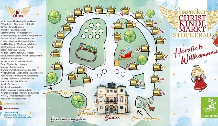 Karte des Barlocker Weihnachtsmarktes mit nummerierten Ständen, einem zentralen Gebäude und einem Weg vom Eingang zum Ausgang. Die Karte ist von festlichen Elementen und einem Engel umgeben.