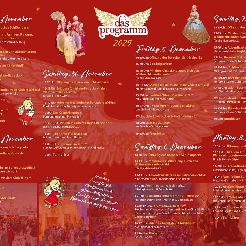 Veranstaltungsflyer für die Weihnachtsmärkte in Schlossparks mit Programm für November 2025. Veranstaltungen umfassen Weihnachtssingen, Puppentheater und Musikaufführungen. Der Flyer hat einen roten Hintergrund mit Weihnachtsthema.