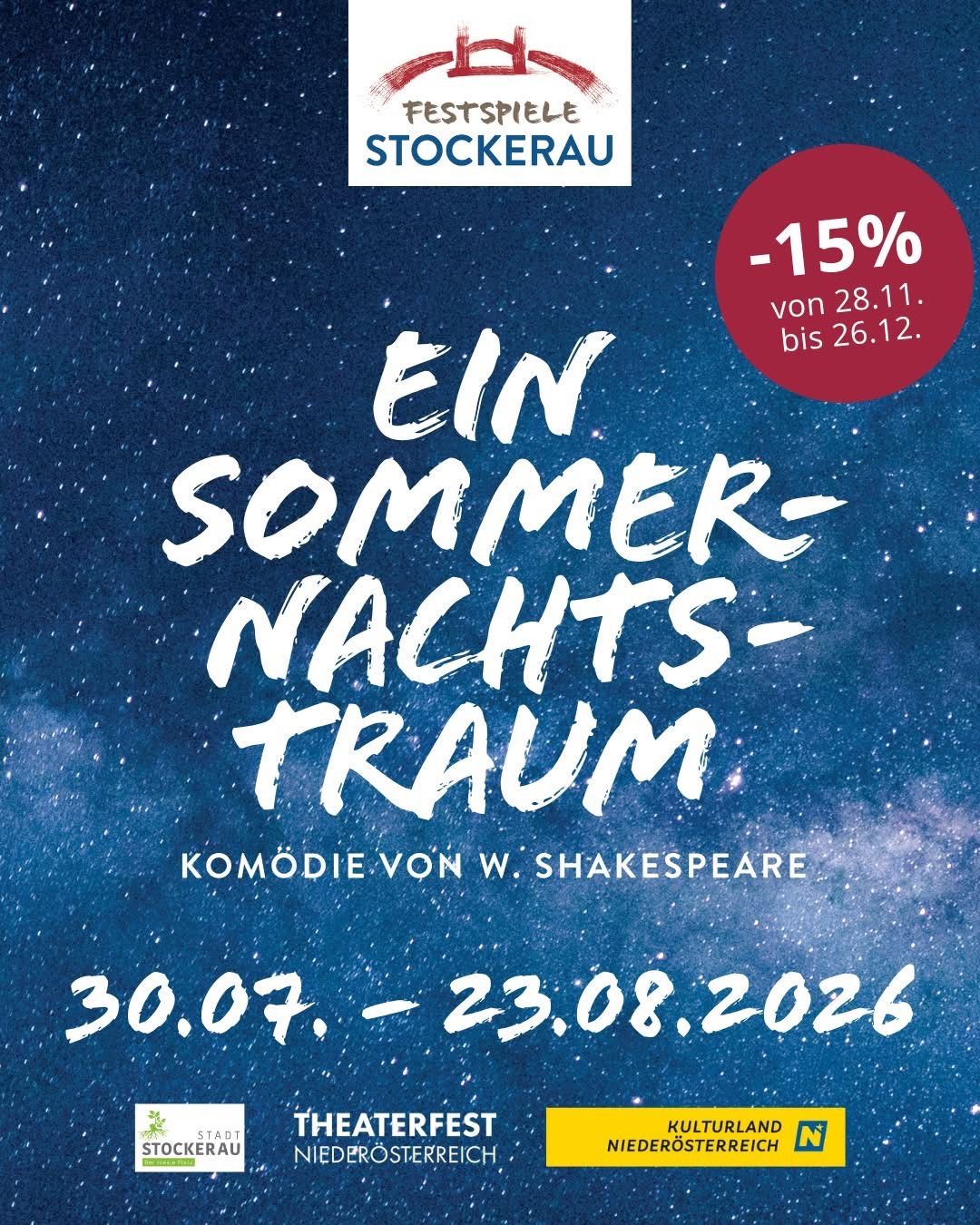 Werbeplakat für das Theaterstück 'Ein Sommernachtstraum' von Shakespeare. Aufführungsdaten vom 30.07. bis 23.08.2026. Rabattangebot von 15% vom 28.11. bis 26.12.