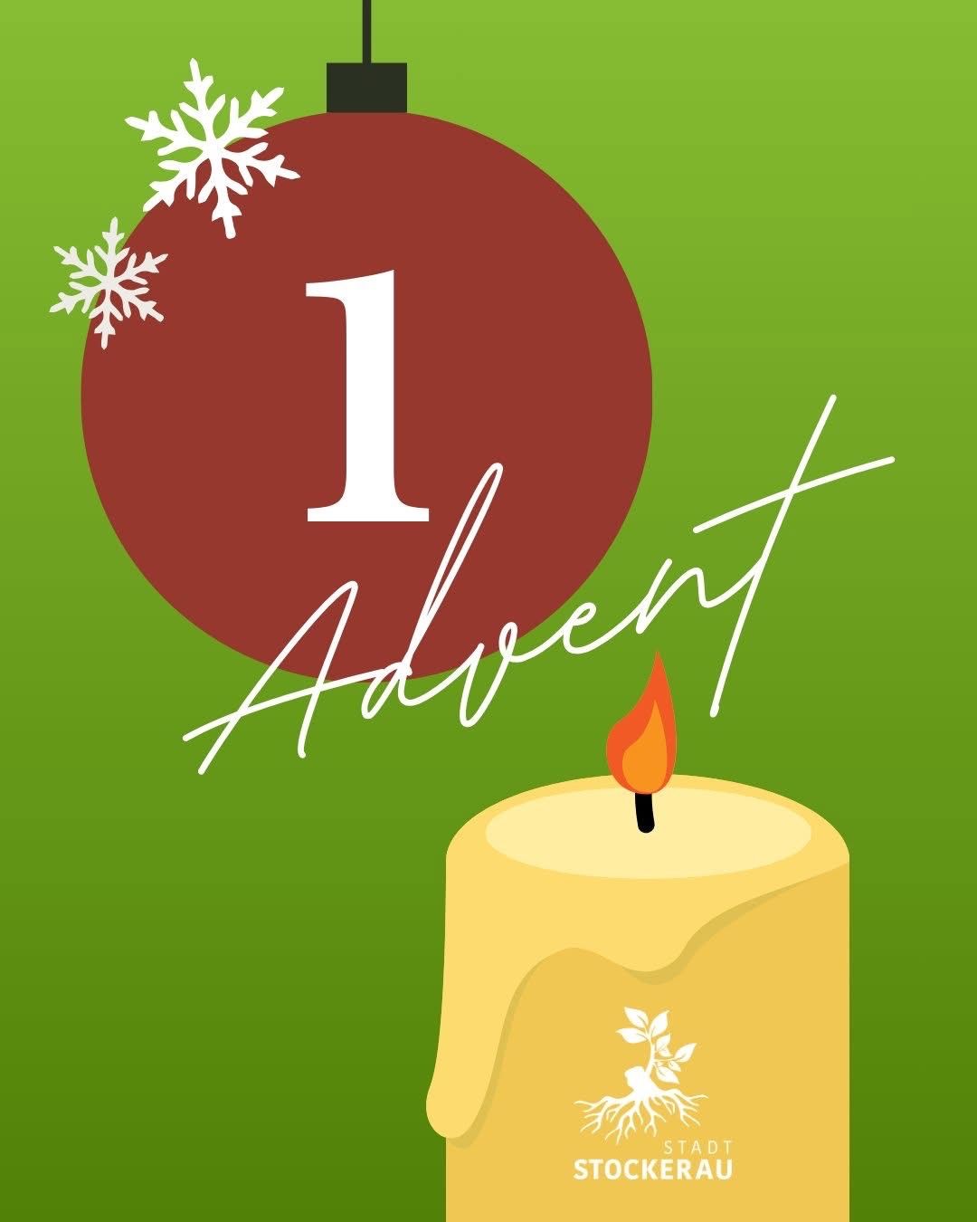 Ein festliches Bild mit der Nummer 1 in einem roten Kreis, geschmückt mit Schneeflocken. Darunter steht das Wort 'Advent' in flüssiger Schrift. Unter 'Advent' befindet sich eine brennende Kerze mit einer Flamme. Der Hintergrund ist grün.