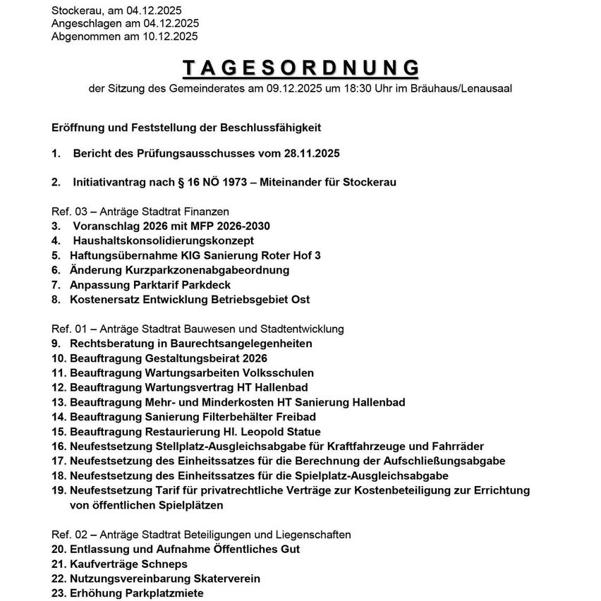 Tagesordnung für die Sitzung des Gemeinderats am 09.12.2025 um 18:30 Uhr im Bräuhaus/Lenaussaal. Themen sind der Bericht des Prüfungsausschusses, eine Initiative für Stockerau, Stadtsteuervorschläge und Beschlüsse zu Parkgebühren und verschiedenen Bauvorhaben.