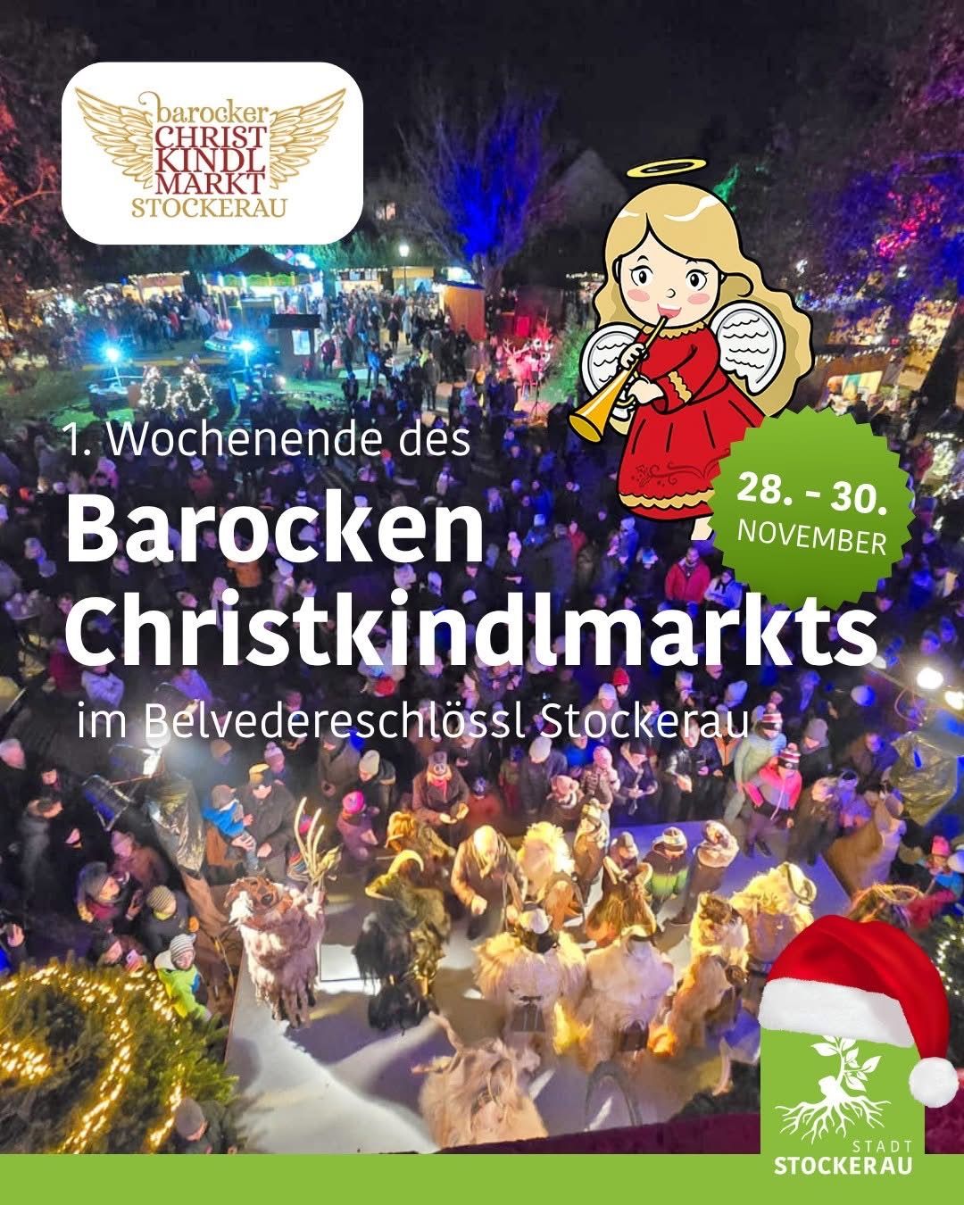 Plakat für den Barock-Weihnachtsmarkt in Stockerau mit einer Menschenmenge, einem Engel und festlichen Lichtern. Termine sind 28. bis 30. November.