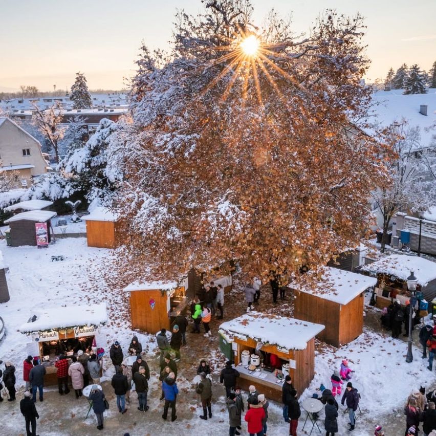 Eine Draufsicht auf einen verschneiten Platz mit einem mit Schnee und trockenen Blättern bedeckten Baum. Kleine Holzhütten sind verstreut, und Menschen versammeln sich in Gruppen, einige gehen und andere stehen.
