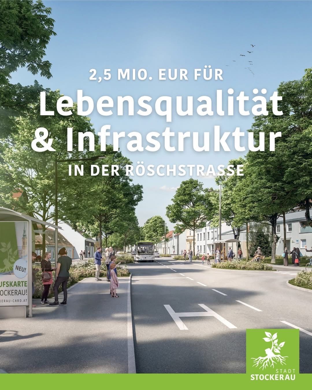 Eine Künstlerdarstellung einer Straße mit Bäumen, einem Bus und Menschen. Der Text lautet 2,5 Millionen Euro für Lebensqualität und Infrastruktur.