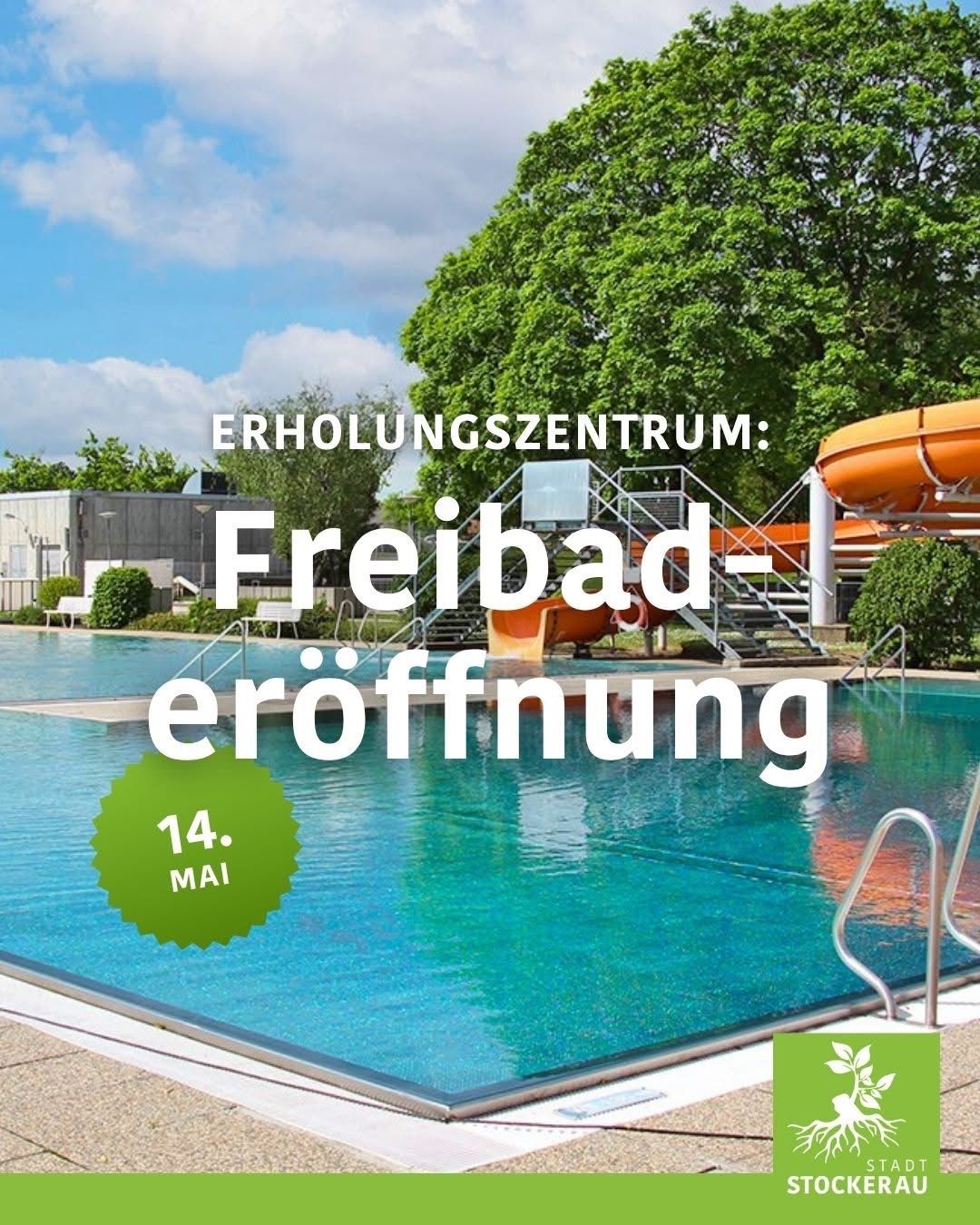 Erholungszentrum Freibad-Eröffnung. Ein Schwimmbecken mit Wasserrutschen und Stufen. Bäume und Pflanzen rundherum. Datum: 14. Mai.
