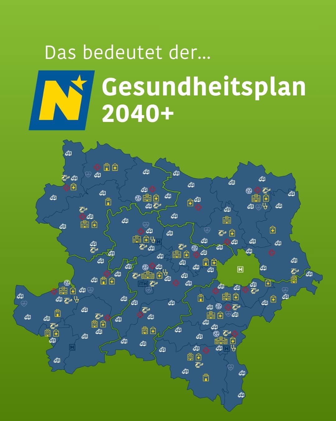 Eine grüne Karte mit Logo und Text 'Gesundheitsplan 2040+' und verschiedenen Symbolen. Sie zeigt Regionen mit gesundheitsbezogenen Symbolen. Die Karte ist in Abschnitte mit Nummern und Symbolen unterteilt.