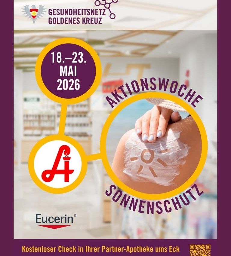 Eucerin-Werbeanzeige für Sonnenschutz vom 18. bis 23. Mai 2026. Eine Hand trägt Sonnencreme auf eine Schulter auf. Die Anzeige zeigt ein Sonnensymbol und Eucerin-Logo.