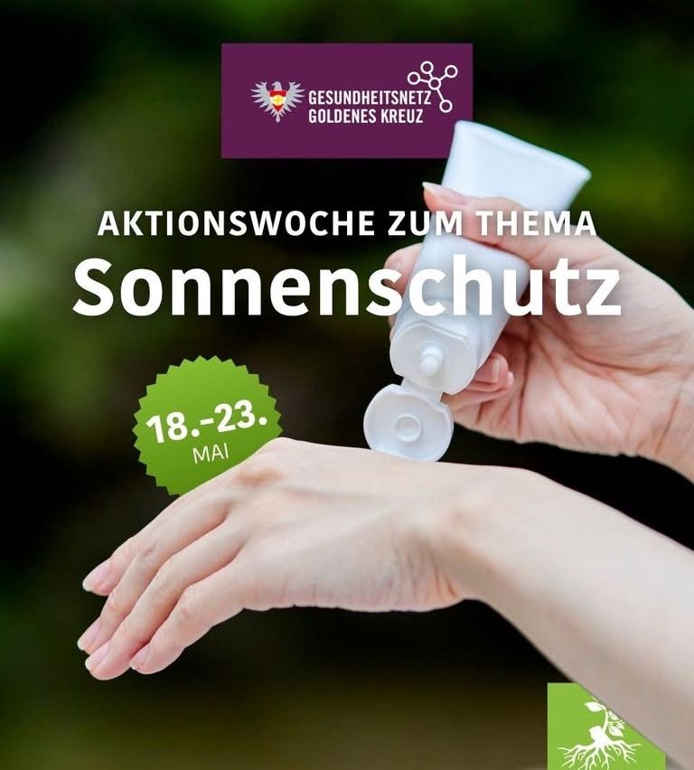 Eine Werbung für das deutsche Gesundheitsnetzwerk Goldenes Kreuz zeigt Hände, die Sonnencreme auftragen, vom 18. bis 23. Mai.