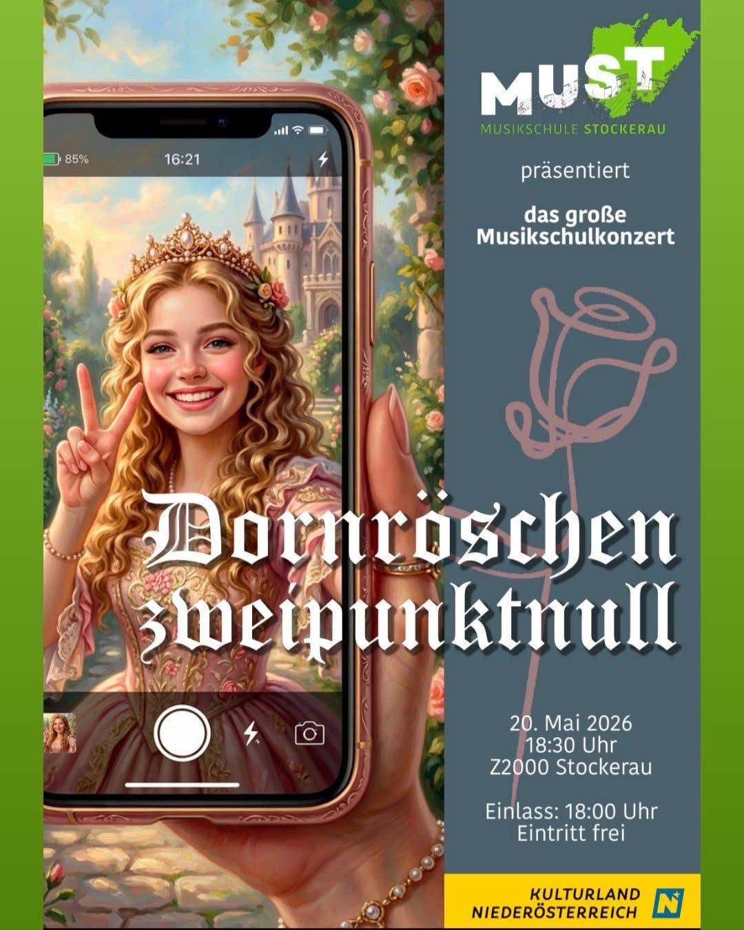 An image of a smartphone shows a girl in a princess dress, smiling, holding a peace sign. It's an ad for a music school concert in German, featuring a castle backdrop.