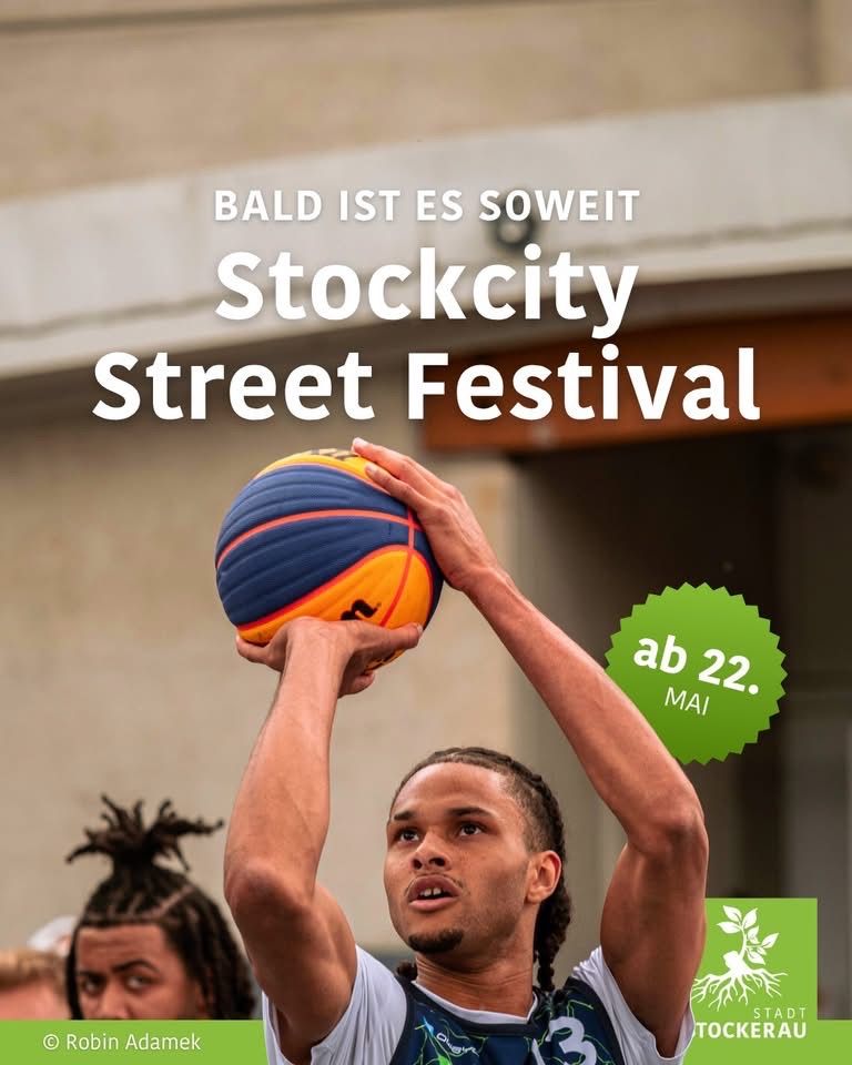 An image featuring a basketball player holding a ball, with the words Stockcity Street Festival above and a date below.