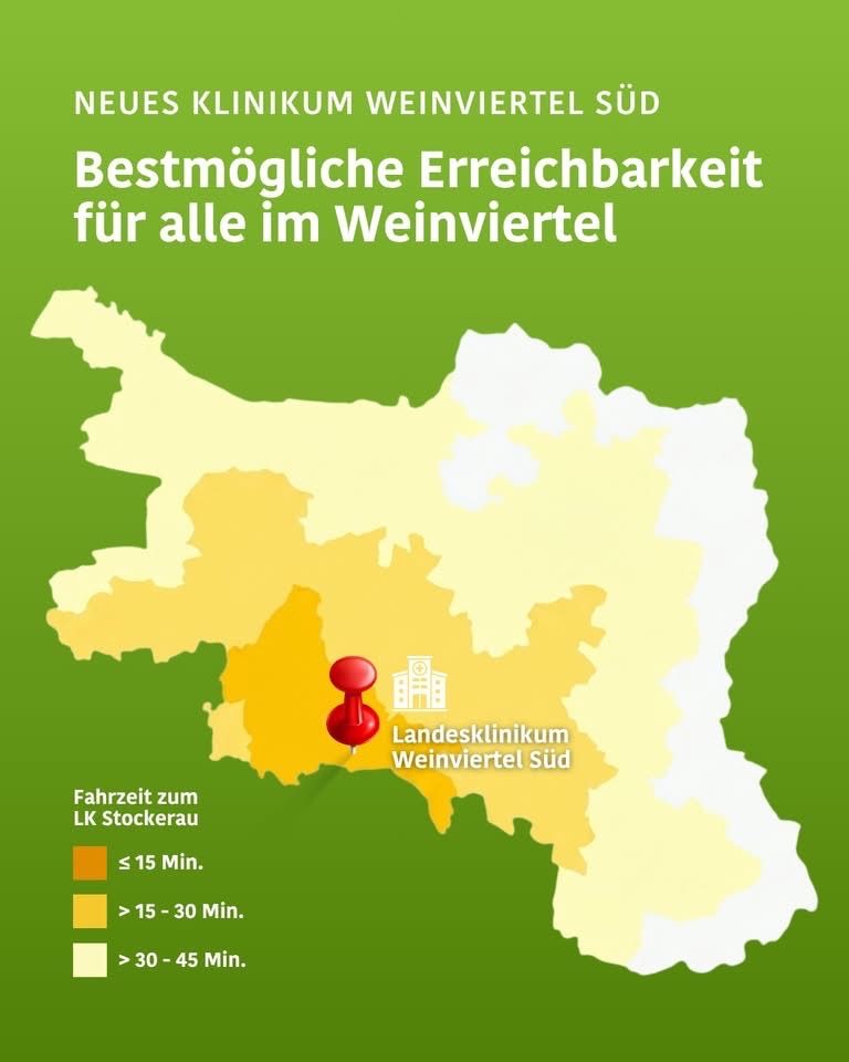 A map showing travel times to the Weinviertel Clinic in Stockerau. Time zones are marked: <15 min, 15-30 min, >30 min.