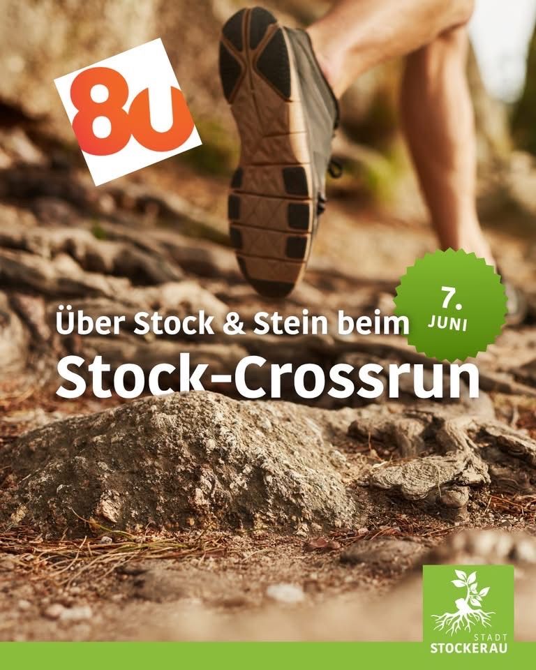 A person running on a rocky trail, wearing sneakers. The image shows a rugged path with stones and greenery. The date '7. JUNI' is displayed in green.