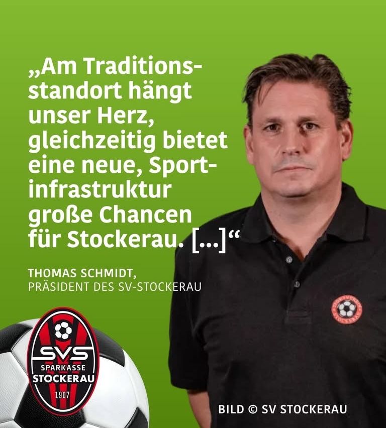 A man stands in front of a soccer ball with a club logo, wearing a black polo shirt with a soccer logo on it. The text reads, 'Our heart is in the tradition, but a new sports infrastructure offers great opportunities for Stockerau.'