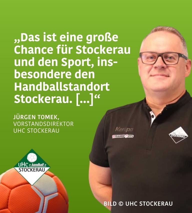 An image of a man standing next to a soccer ball with the caption 'This is a great chance for Stockerau and the sport, especially the handball venue Stockerau.' The man is wearing a black shirt with a logo.