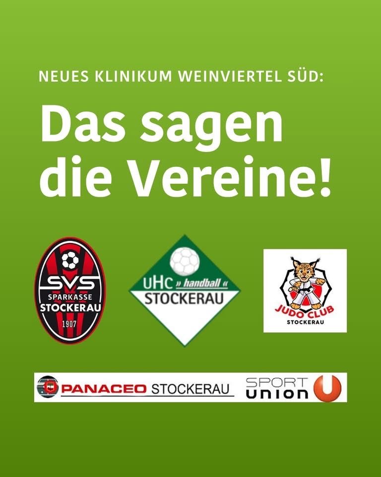 A poster with a green background displays the announcement of a new medical facility in Weinviertel Sud. It features logos of various clubs, including SVS Sparkasse Stockerau, UHC handball Stockerau, Judo Club Stockerau, Panaceo Stockerau, and Sport Union.