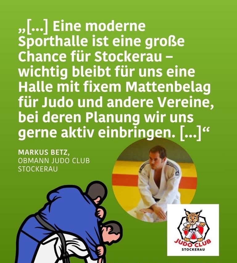 An image of two judo practitioners with a quote by Markus Betz. It highlights the importance of a modern sports hall for Judo and other clubs.
