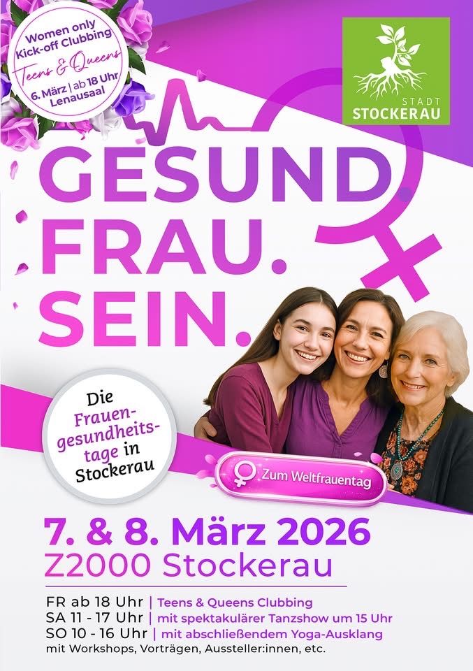 Ein Plakat für Frauengesundheitstage in Stockerau am 7. und 8. März 2026. Es zeigt drei lächelnde Frauen und ein Logo der Stadt Stockerau.