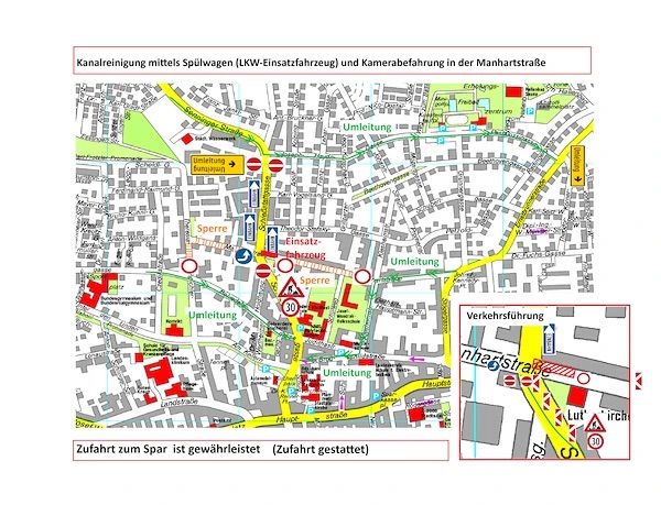 Eine Karte zeigt die Kanalreinigung durch Spülung mit einem Schlauch und Kamerainspektion in der Manhartstraße. Verschiedene Schilder und eine Route mit roten und gelben Markierungen sind dargestellt.