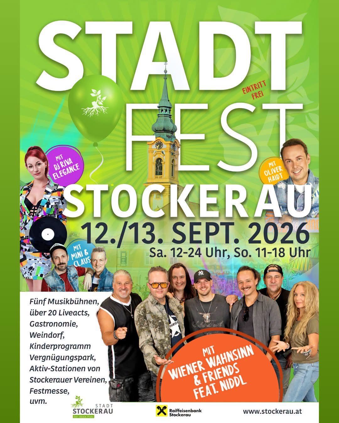 Plakat für das Stadt Fest Stockerau am 12./13. September 2026 mit einem Gruppenfoto von Musikern, einer Frau und einem Glockenturm, mit Details zu Live-Musik, Gastronomie und Aktivitäten.