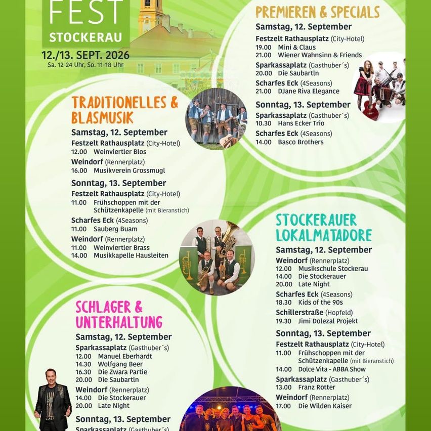 Plakat für das Fest Stockerau-Event am 12.-13. September 2026. Beinhaltet den Zeitplan traditioneller und moderner Musikauftritte, einschließlich Künstler wie Mini & Claus, Scharfes Eck und Basco Brothers. Veranstaltungen finden im Rathausplatz und Gasthuber's statt.