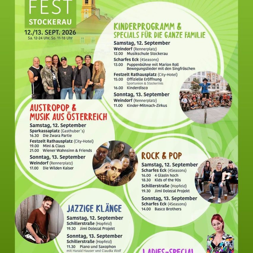 Plakat für ein Musikfestival mit verschiedenen Bands und Künstlern, die an verschiedenen Tagen auftreten. Die Veranstaltung beinhaltet ein Kinderprogramm und Spezialangebote für die ganze Familie. Der Zeitplan listet Auftritte von Bands wie Die Zwära, Mini & Claus und Wiener Wahnsinss & Friends auf.
